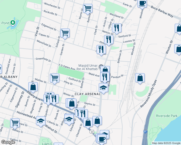map of restaurants, bars, coffee shops, grocery stores, and more near 40 Mahl Avenue in Hartford