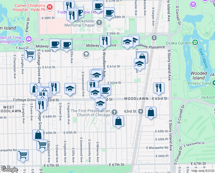 map of restaurants, bars, coffee shops, grocery stores, and more near 6211 South Woodlawn Avenue in Chicago