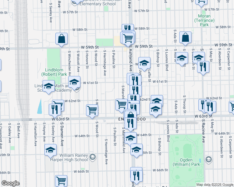 map of restaurants, bars, coffee shops, grocery stores, and more near 6118 South Marshfield Avenue in Chicago