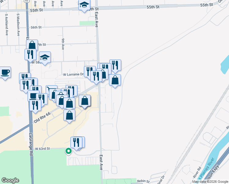 map of restaurants, bars, coffee shops, grocery stores, and more near 6015 Lenzi Avenue in Hodgkins