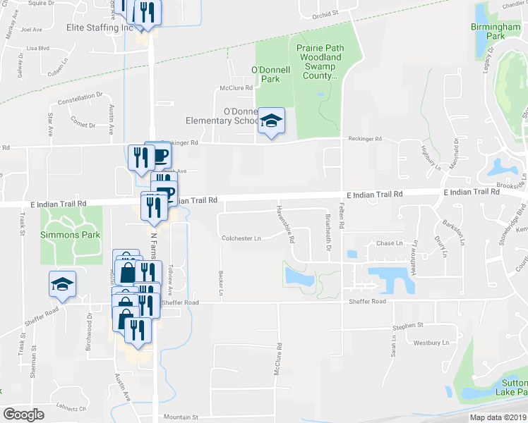 map of restaurants, bars, coffee shops, grocery stores, and more near 1608 Colchester Lane in Aurora