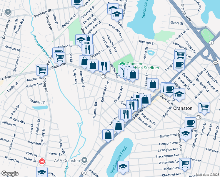 map of restaurants, bars, coffee shops, grocery stores, and more near 41 Egan Road in Cranston