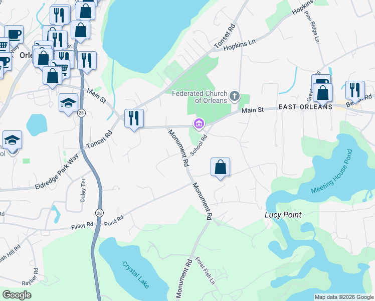 map of restaurants, bars, coffee shops, grocery stores, and more near 139 Main Street in Orleans