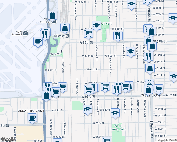 map of restaurants, bars, coffee shops, grocery stores, and more near 6049 South Kenneth Avenue in Chicago