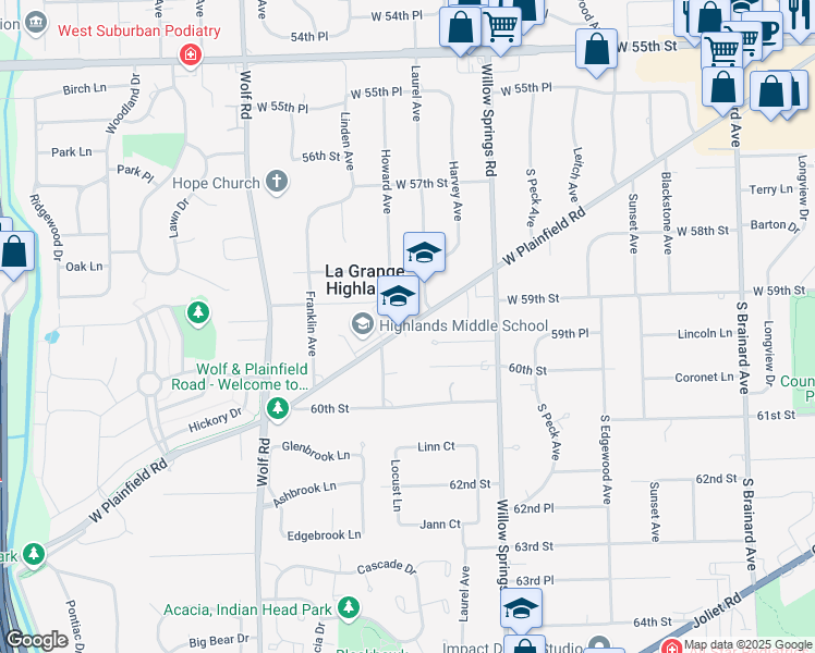 map of restaurants, bars, coffee shops, grocery stores, and more near 1750 Plainfield Road in La Grange