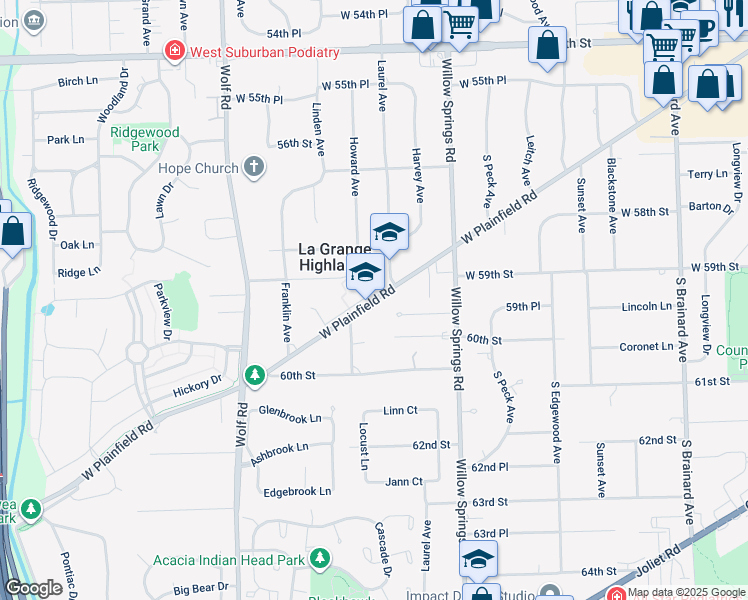 map of restaurants, bars, coffee shops, grocery stores, and more near 1750 Plainfield Road in La Grange