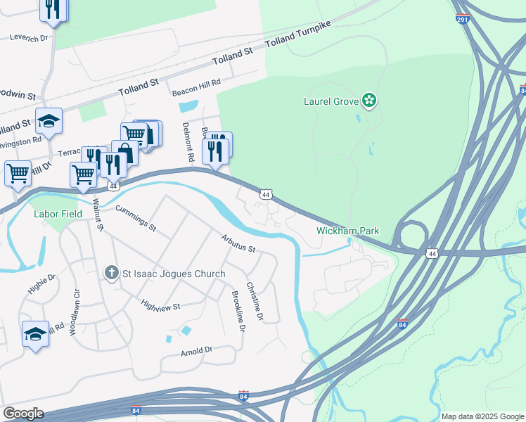 map of restaurants, bars, coffee shops, grocery stores, and more near 1323 Burnside Avenue in East Hartford