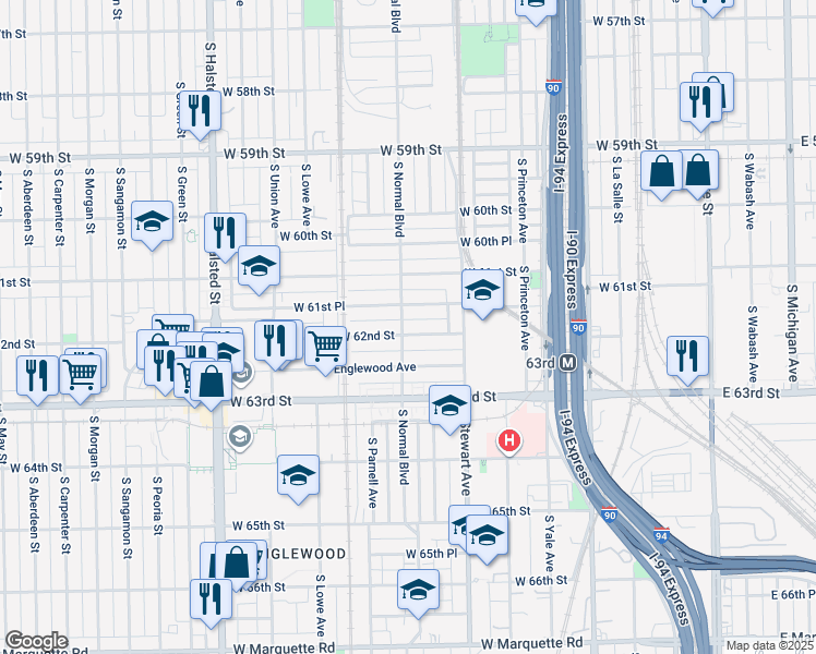 map of restaurants, bars, coffee shops, grocery stores, and more near 450 West 62nd Street in Chicago