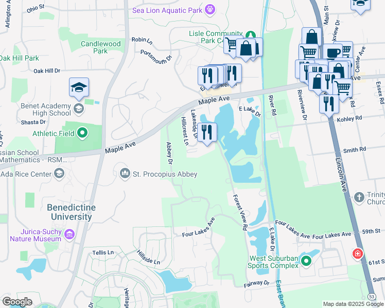 map of restaurants, bars, coffee shops, grocery stores, and more near 5750 Lakeside Drive in Lisle