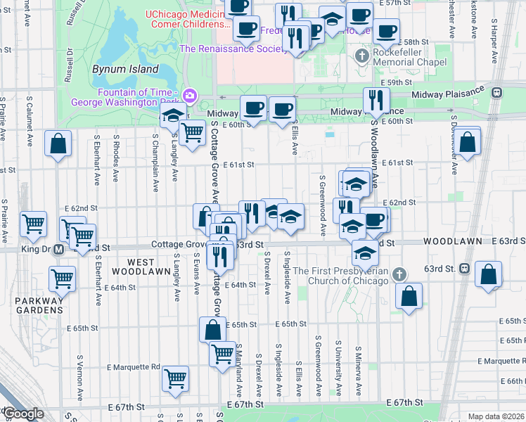 map of restaurants, bars, coffee shops, grocery stores, and more near 6200 South Ingleside Avenue in Chicago
