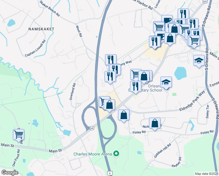 map of restaurants, bars, coffee shops, grocery stores, and more near 29 West Road in Orleans
