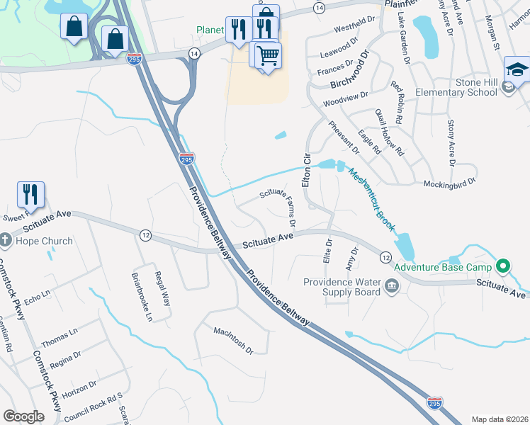 map of restaurants, bars, coffee shops, grocery stores, and more near 70 Scituate Farms Drive in Cranston