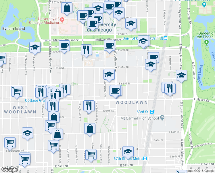 map of restaurants, bars, coffee shops, grocery stores, and more near 6150 South Woodlawn Avenue in Chicago
