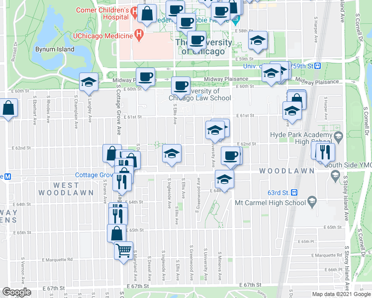 map of restaurants, bars, coffee shops, grocery stores, and more near 6158 South Greenwood Avenue in Chicago