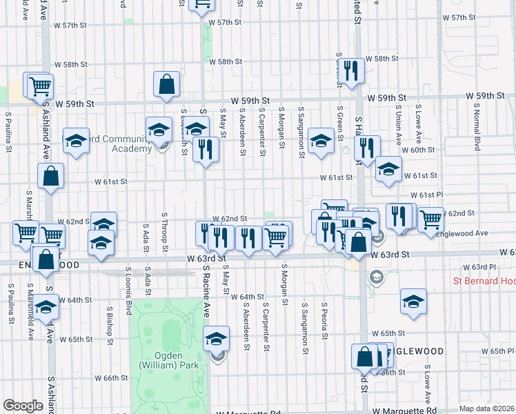 map of restaurants, bars, coffee shops, grocery stores, and more near 6128 South Carpenter Street in Chicago