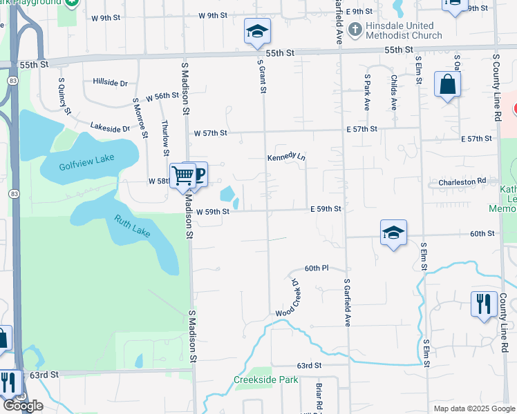 map of restaurants, bars, coffee shops, grocery stores, and more near 5834 South Grant Street in Hinsdale
