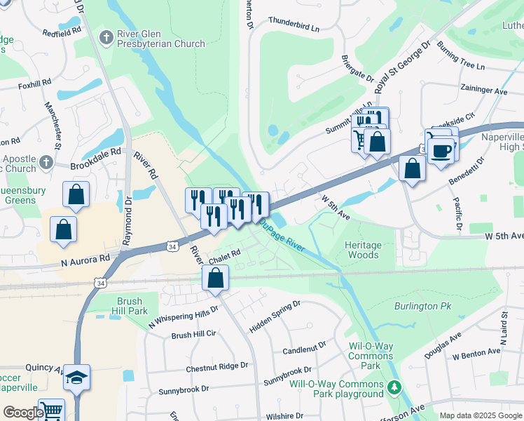 map of restaurants, bars, coffee shops, grocery stores, and more near 719 Prescott Court in Naperville