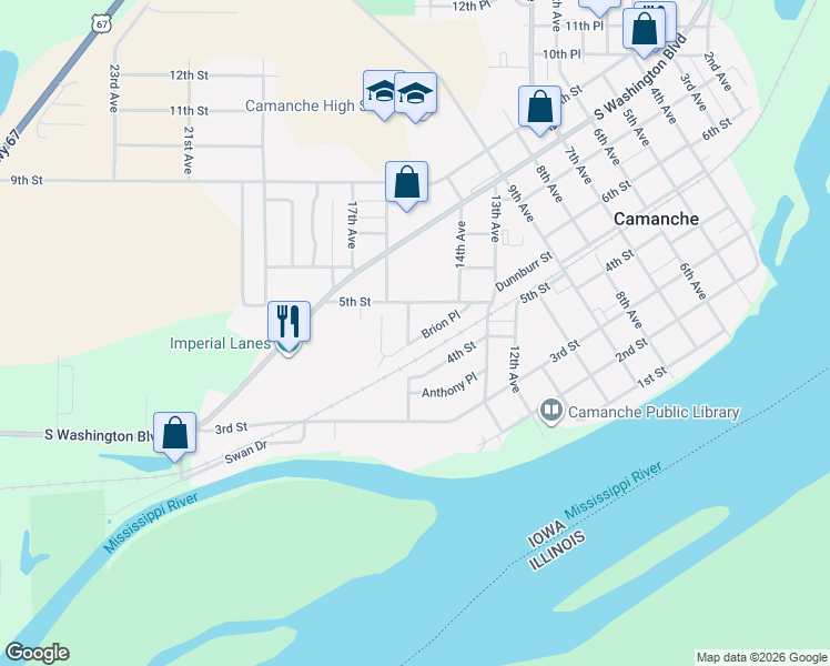 map of restaurants, bars, coffee shops, grocery stores, and more near 432 15th Avenue in Camanche