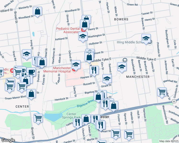 map of restaurants, bars, coffee shops, grocery stores, and more near 17 Armory Street in Manchester