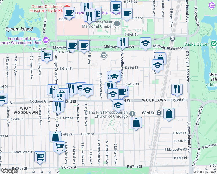 map of restaurants, bars, coffee shops, grocery stores, and more near 6200 South University Avenue in Chicago