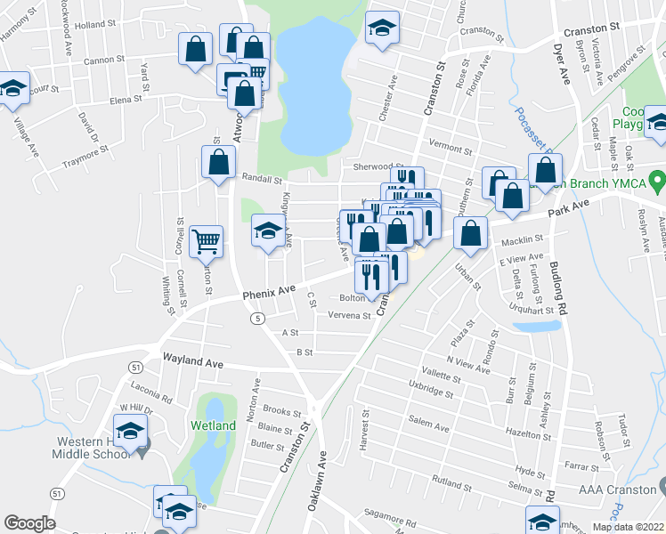 map of restaurants, bars, coffee shops, grocery stores, and more near 67 Phenix Avenue in Cranston