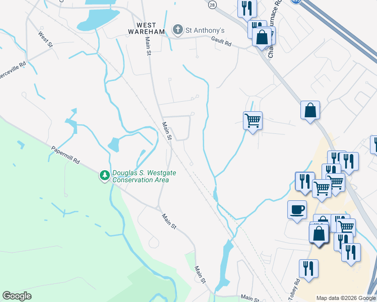 map of restaurants, bars, coffee shops, grocery stores, and more near 2 Hatchery Lane in Wareham