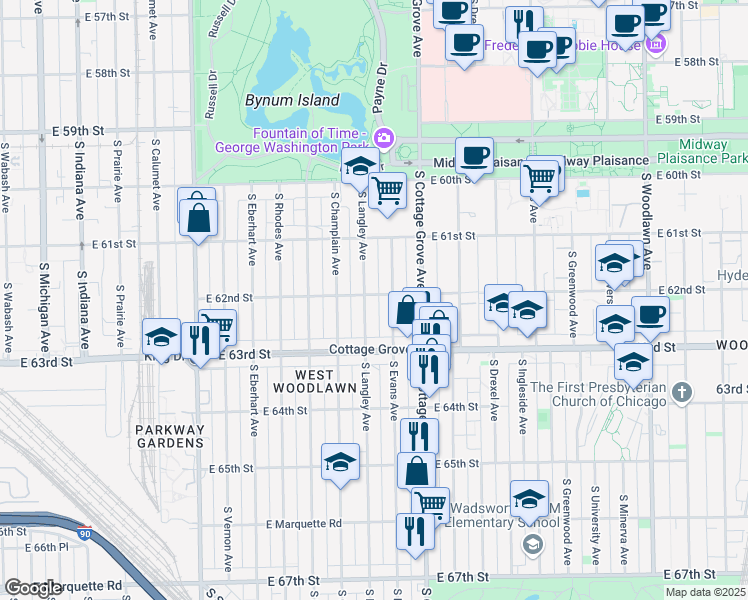 map of restaurants, bars, coffee shops, grocery stores, and more near 705 East 62nd Street in Chicago