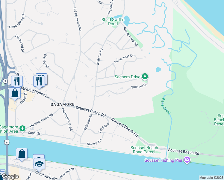 map of restaurants, bars, coffee shops, grocery stores, and more near 71 Sachem Drive in Bourne