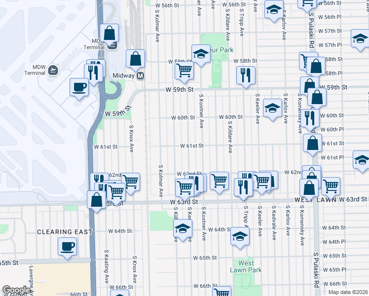 map of restaurants, bars, coffee shops, grocery stores, and more near 6049 South Kenneth Avenue in Chicago
