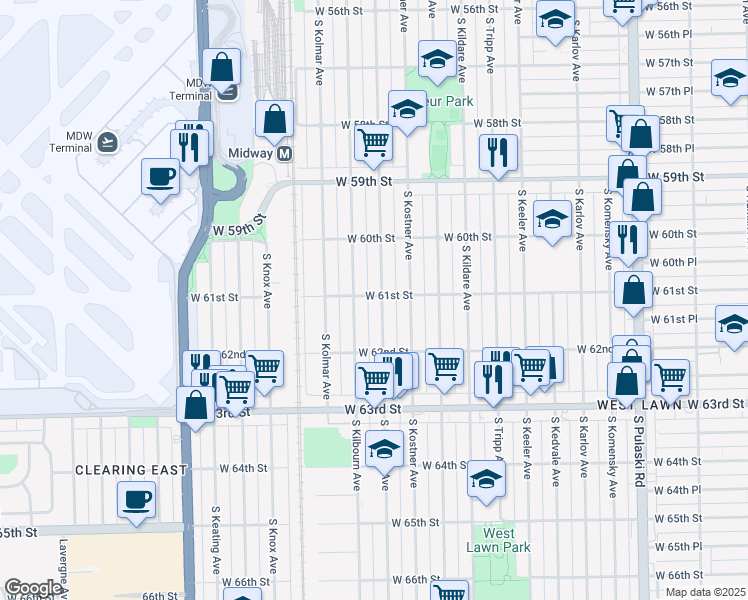 map of restaurants, bars, coffee shops, grocery stores, and more near 6049 South Kenneth Avenue in Chicago