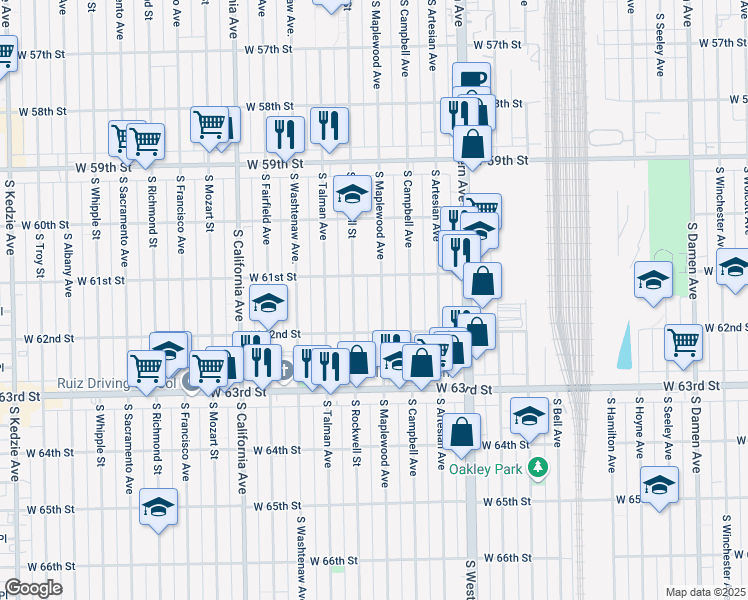 map of restaurants, bars, coffee shops, grocery stores, and more near 6111 South Maplewood Avenue in Chicago