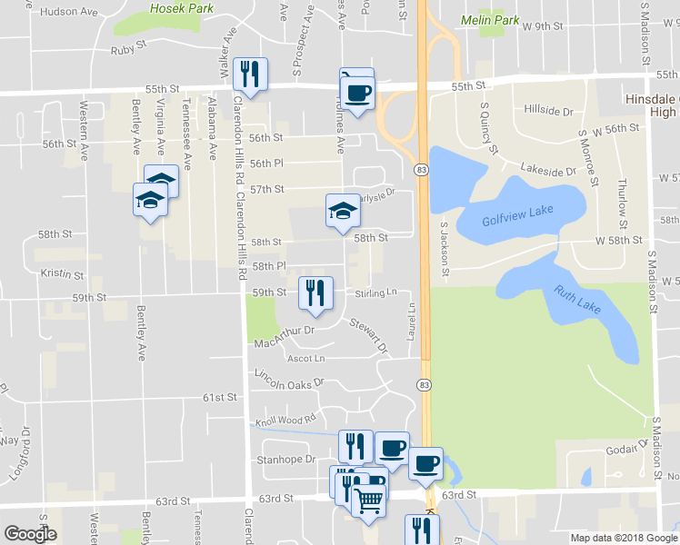 map of restaurants, bars, coffee shops, grocery stores, and more near 101 58th Place in Clarendon Hills
