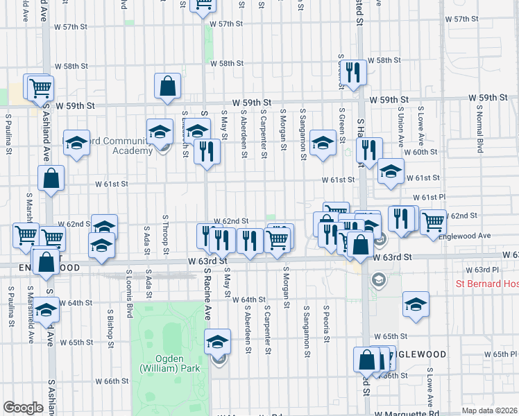 map of restaurants, bars, coffee shops, grocery stores, and more near 6128 South Carpenter Street in Chicago