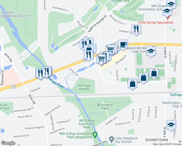 map of restaurants, bars, coffee shops, grocery stores, and more near 799 Royal St George Dr in Naperville