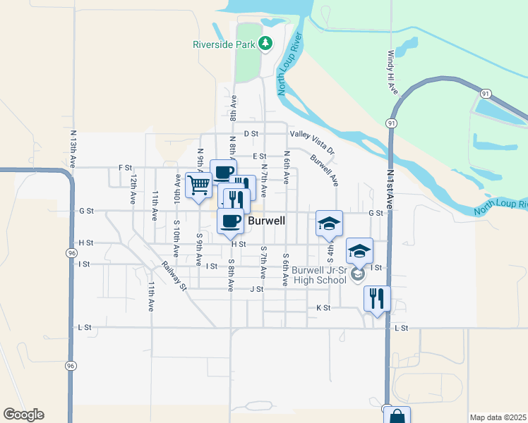 map of restaurants, bars, coffee shops, grocery stores, and more near 110 South 7th Avenue in Burwell