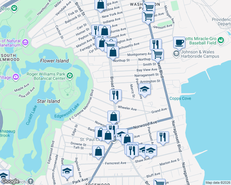 map of restaurants, bars, coffee shops, grocery stores, and more near 1634 Broad Street in Cranston