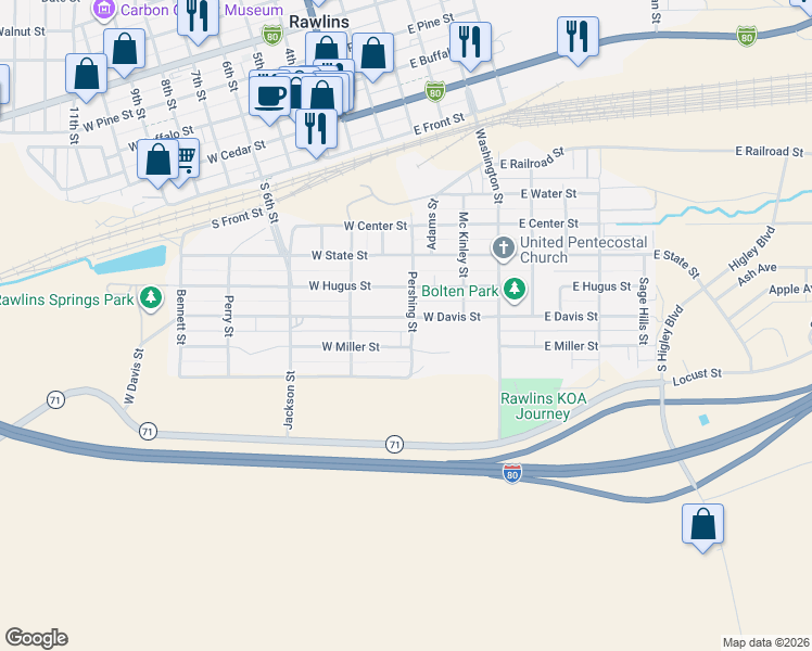 map of restaurants, bars, coffee shops, grocery stores, and more near 500-598 Pershing Street in Rawlins