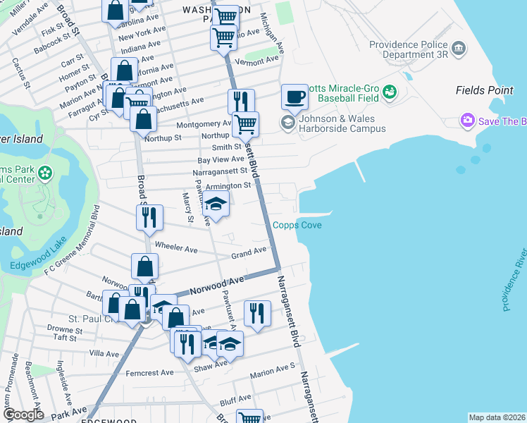 map of restaurants, bars, coffee shops, grocery stores, and more near 1141 Narragansett Boulevard in Cranston