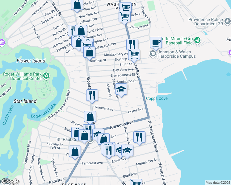 map of restaurants, bars, coffee shops, grocery stores, and more near 120 Pawtuxet Avenue in Cranston