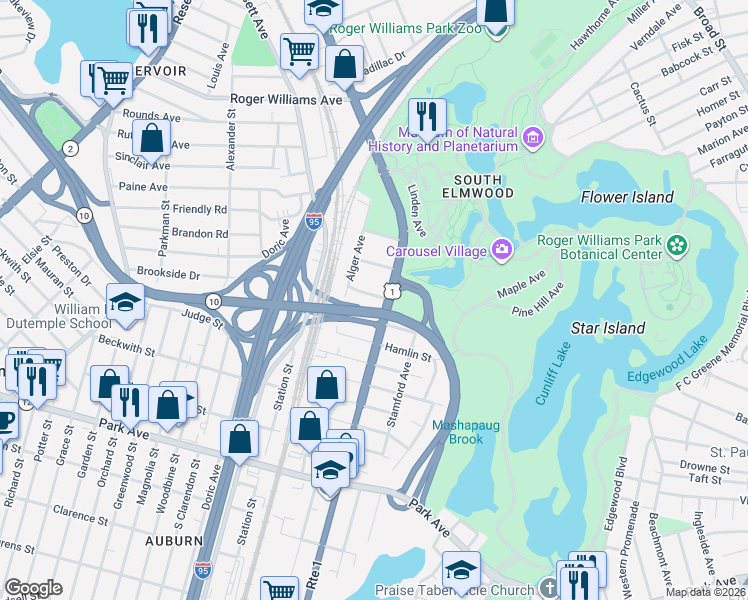 map of restaurants, bars, coffee shops, grocery stores, and more near 1081 Elmwood Avenue in Providence