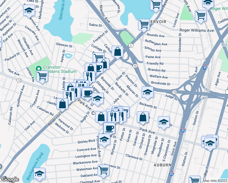 map of restaurants, bars, coffee shops, grocery stores, and more near 150 Elsie Street in Cranston