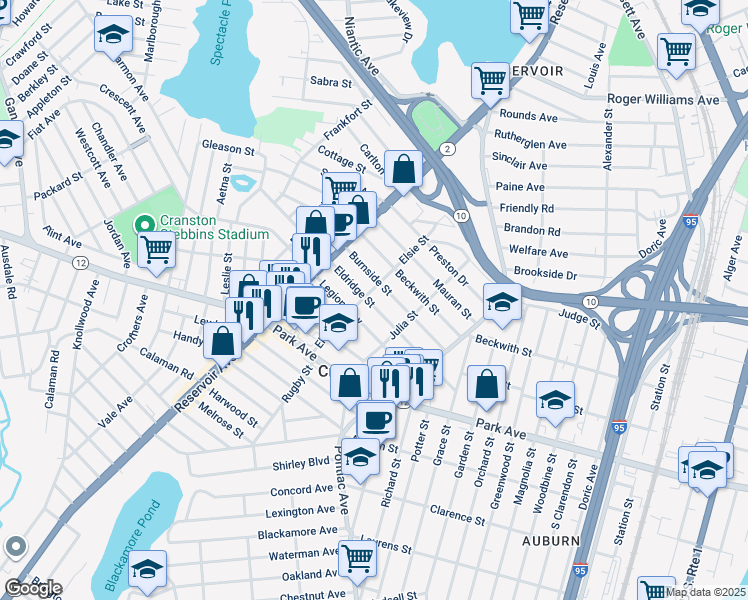 map of restaurants, bars, coffee shops, grocery stores, and more near 150 Elsie Street in Cranston