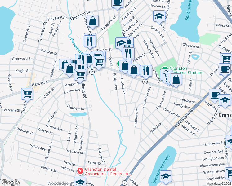 map of restaurants, bars, coffee shops, grocery stores, and more near 93 Roslyn Avenue in Cranston
