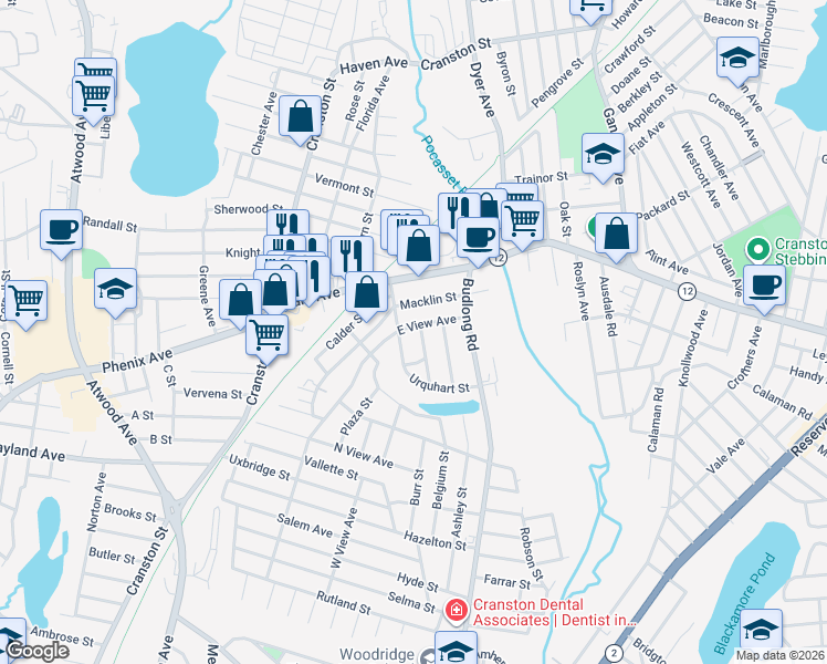 map of restaurants, bars, coffee shops, grocery stores, and more near 32 Palmer Avenue in Cranston
