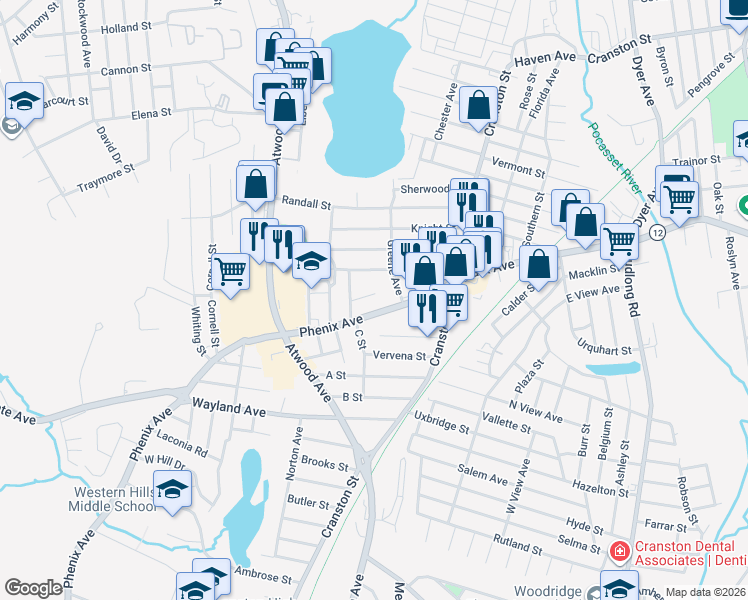 map of restaurants, bars, coffee shops, grocery stores, and more near 35 Belcrest Road in Cranston