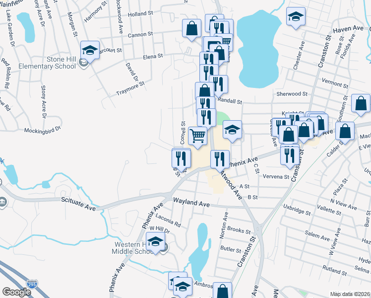 map of restaurants, bars, coffee shops, grocery stores, and more near 142 Cornell Street in Cranston