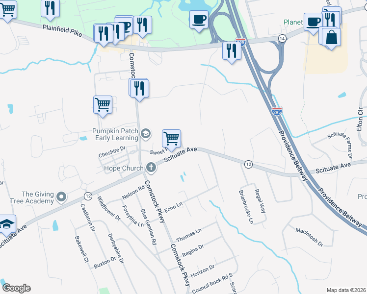 map of restaurants, bars, coffee shops, grocery stores, and more near 1039 Scituate Avenue in Cranston