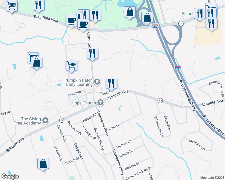 map of restaurants, bars, coffee shops, grocery stores, and more near 20 Sweet Pea Drive in Cranston