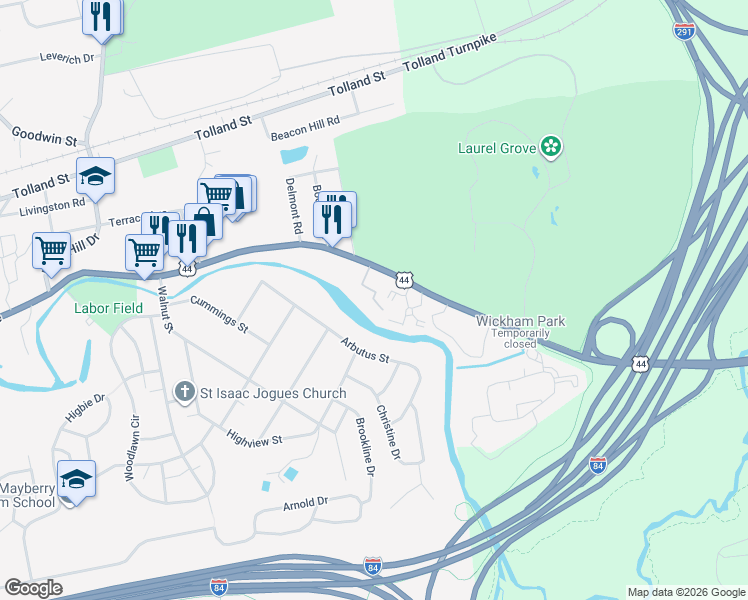 map of restaurants, bars, coffee shops, grocery stores, and more near 1315 Burnside Avenue in East Hartford