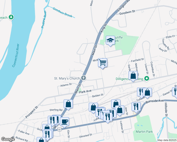 map of restaurants, bars, coffee shops, grocery stores, and more near 1639 Main Street in East Hartford